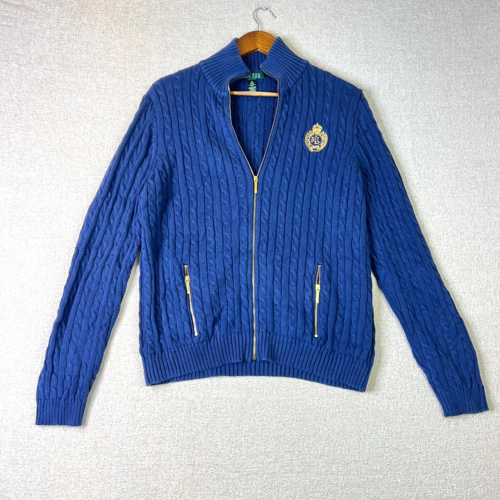 Lauren Ralph Lauren Blue Cable Knit Womens XL Full Zip Crest Cardigan Sweater